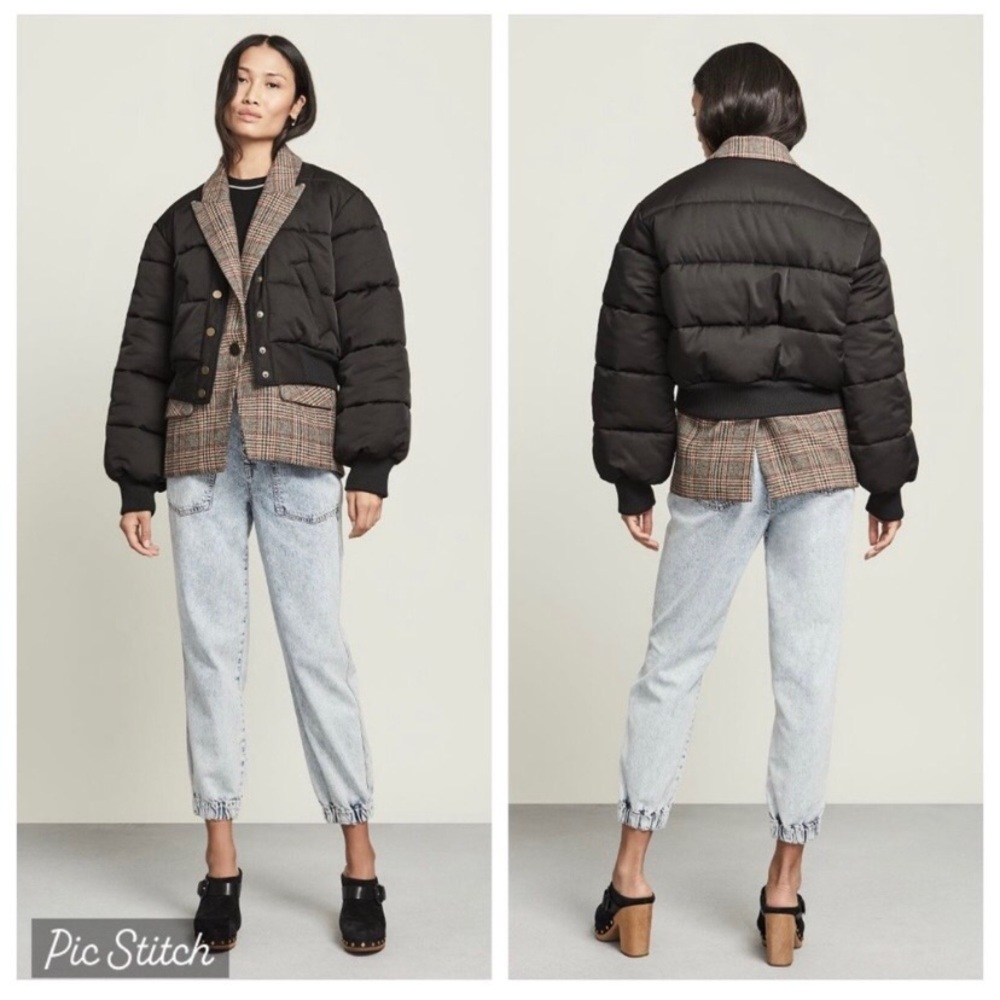 $898 Veronica Beard Larkin Black Quilted Puffer Plaid Dickey Blazer Jacket Sz 0